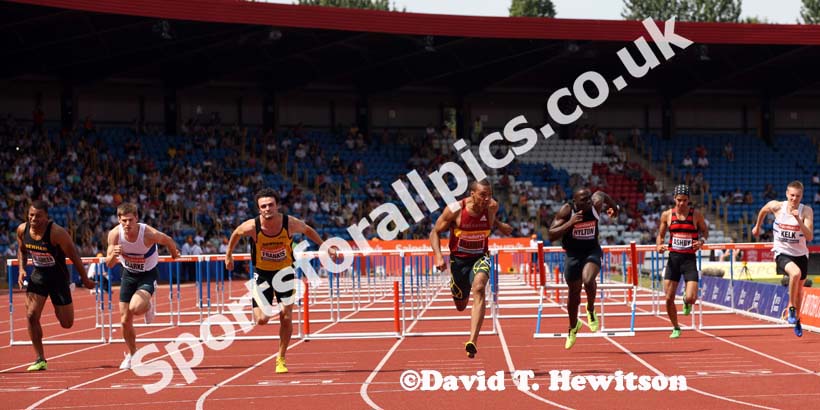 William Sharman wins the 110 metres hurdles at the Sainsbury's British Championships, Birmingham.